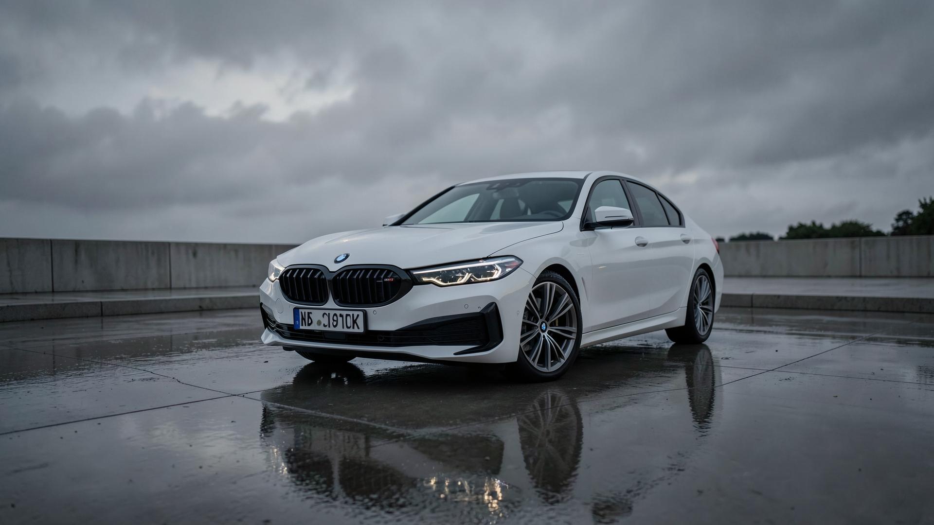 A white BMW sedan on a wet plaza at dusk